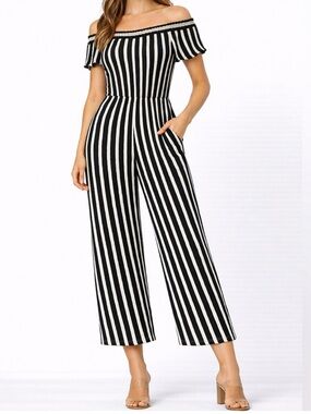 Black and White Striped Off-Shoulder Jumpsuit